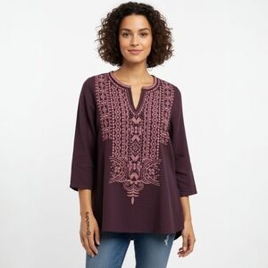 Pure Jill Burgundy Embroidered Tunic - Boho Folk Cottagecore Festival - SP